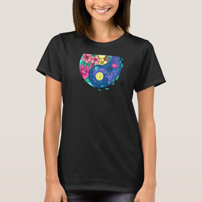 Yinyang Yin Yang Flower & Planet Zen Peace  on Bac T Shirt (Framsida)