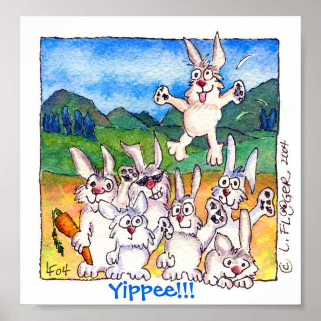 Yippee! - Cute Tecknad Bunnies Poster Skriv ut (Framsidan)