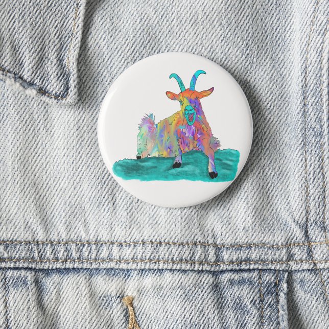 Yngre skrynklande målningsdesign för get Animal Ar Knapp (Funny screaming goat colorful farm animal art button)