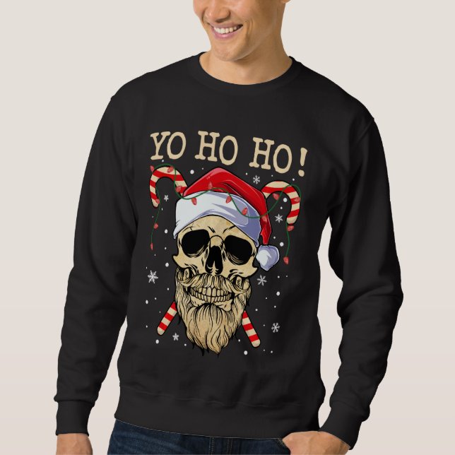Yo Ho Ho Santa Skull Pirat jul Jolly Roger Lång Ärmad Tröja (Framsida)