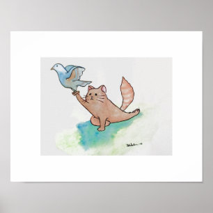Yoga Art Cat i Pigeon Poster