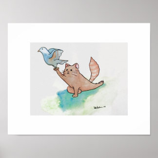 Yoga Art Cat i Pigeon Poster