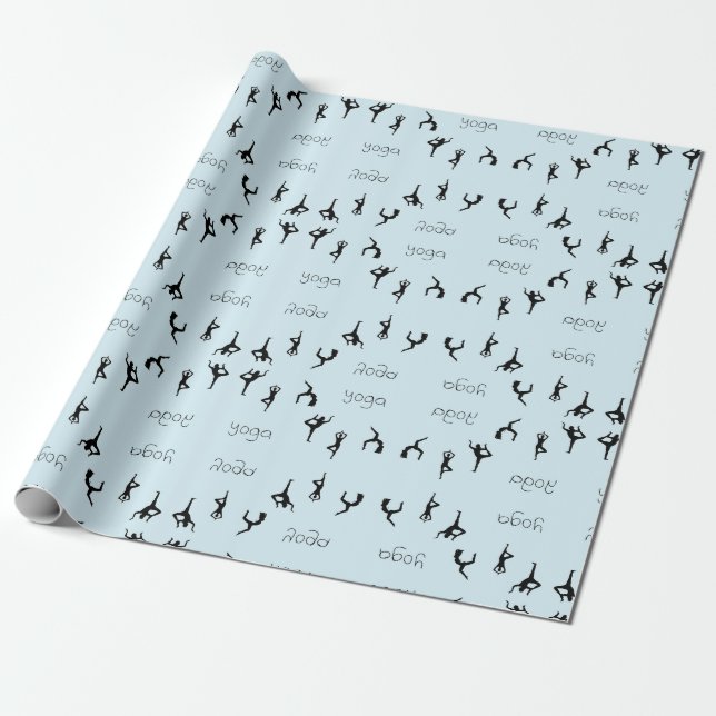Yoga attityder och texten mönster på blått presentpapper (Utrullad)