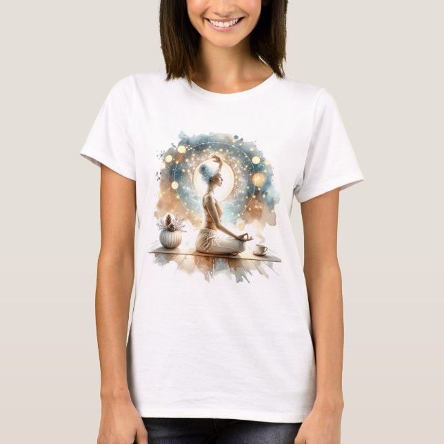Yoga-attitydkvinna sittande brun lugn konst t shirt (Framsida)