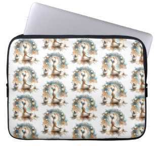 Yoga-attitydkvinna sittande brun lugn laptop fodral