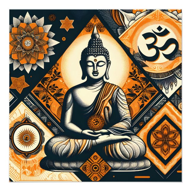 Yoga Buddha i orange och svart Fototryck (Framsidan)