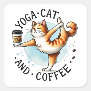 "Yoga Cat and Coffee" Funny Cat Lovers Fyrkantigt Klistermärke