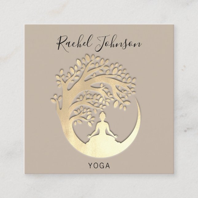 Yoga Classes School Logotyp Instructor Beige Guld Fyrkantigt Visitkort (Framsida)
