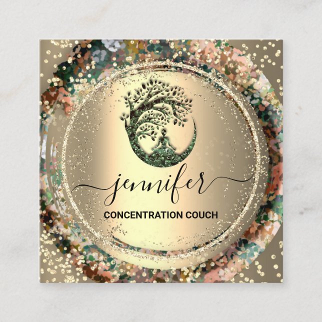 Yoga Couch Therapist Logotyp QR kod Guld Confetti Fyrkantigt Visitkort (Framsida)
