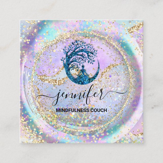 Yoga Couch Therapist Logotyp QR kod Holograph Blue Fyrkantigt Visitkort (Framsida)