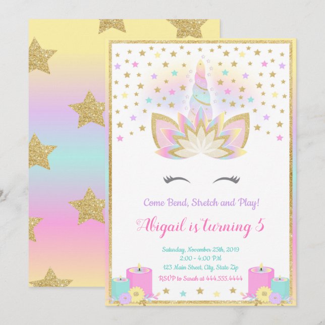 Yoga Enhörningsinbjudan, Enhörning Inbjudningar (Fram/baksida)