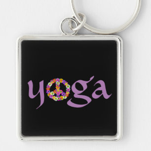 Yoga Fredstecken Blommigt på Black Fyrkantig Silverfärgad Nyckelring