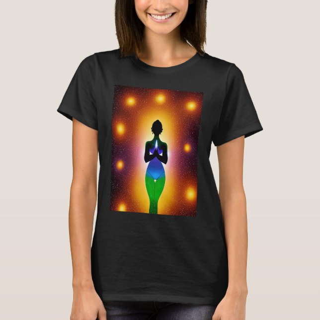 Yoga Girl Female Sun Salutation Meditation Chakra  T Shirt (Framsida)
