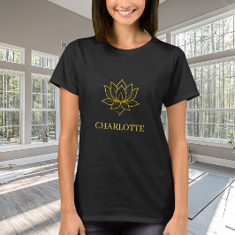 Yoga gold lotus flower name black t shirt