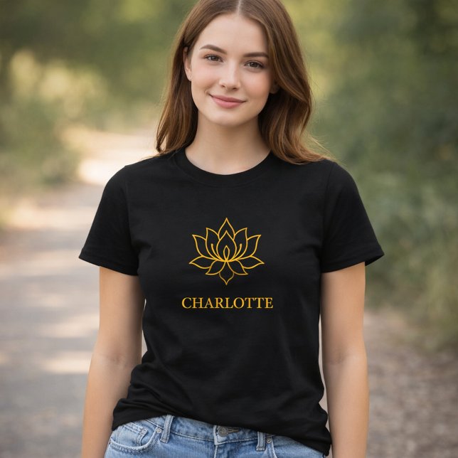 Yoga gold lotus flower name black t shirt (Skapare uppladdad)