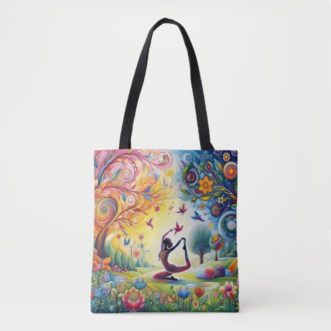 Yoga Harmony Woman och Birds in Blooming Garden Tygkasse (Framsida)