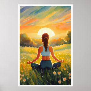 Yoga i fält vid solnedgången poster