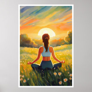Yoga i fält vid solnedgången poster