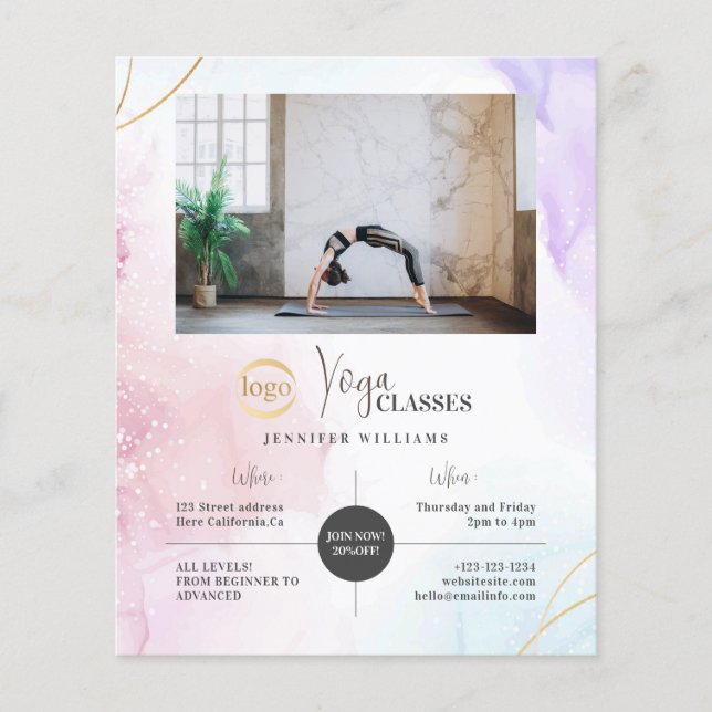 Yoga Instructions Classes Photo Logotyp Watercolor Flygblad (Framsidan)