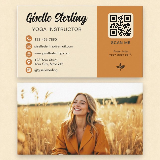 Yoga Instructor Gult Orange QR-kodfoto Visitkort (Skapare uppladdad)