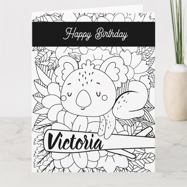Yoga Instructor Koala Birthday Blommigt Coloring Kort (Framsida)