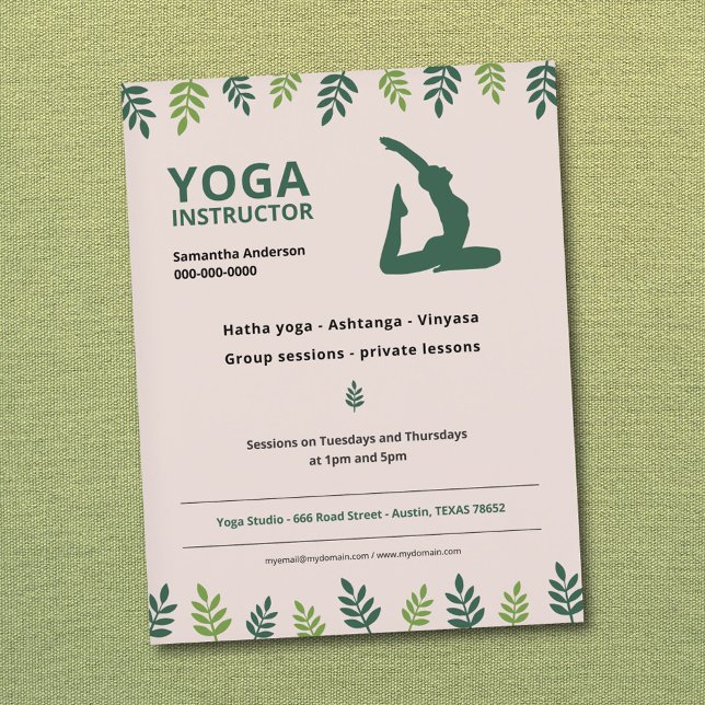 Yoga Instructor med Grönt Lövs Flyer (Yoga Instructor with Green Leaves Flyer)