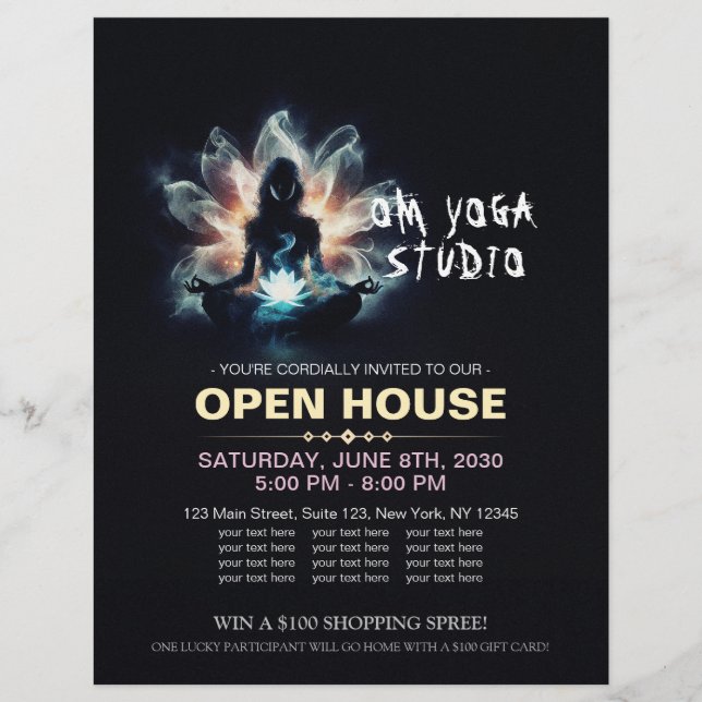 Yoga Instructor Meditation Pose Glowing Mist Lotus Reklamblad (Framsidan)