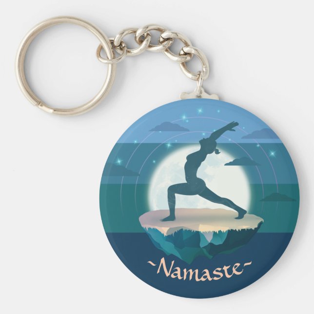 Yoga Instructor Meditation Pose Måne Flies Island Nyckelring (Framsidan)