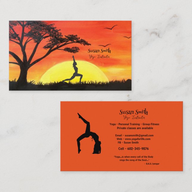 Yoga Instructor Orange Sunset Yoga Pose Visitkort (Fram/baksida)