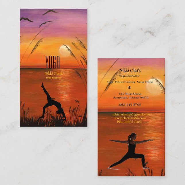 Yoga Instructor Silhouette Pose Sunset Visitkort (Fram/baksida)