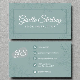 Yoga Instructor Teal Blommigt Line Art-skript Visitkort