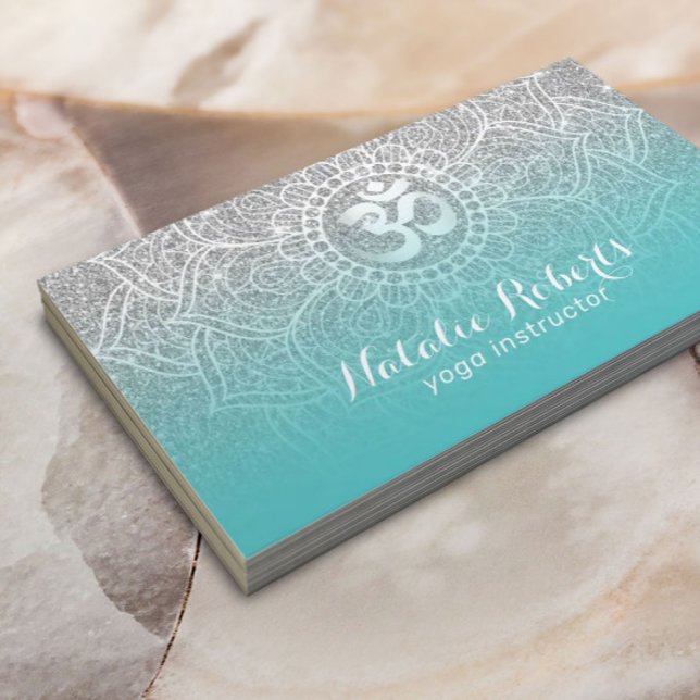 Yoga Instructor Teal & Silver Glitter Mandala Visitkort (Skapare uppladdad)