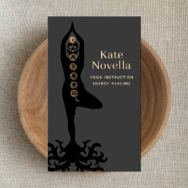 Yoga Instructor , Träd Pose , Guld Chakras Black Visitkort