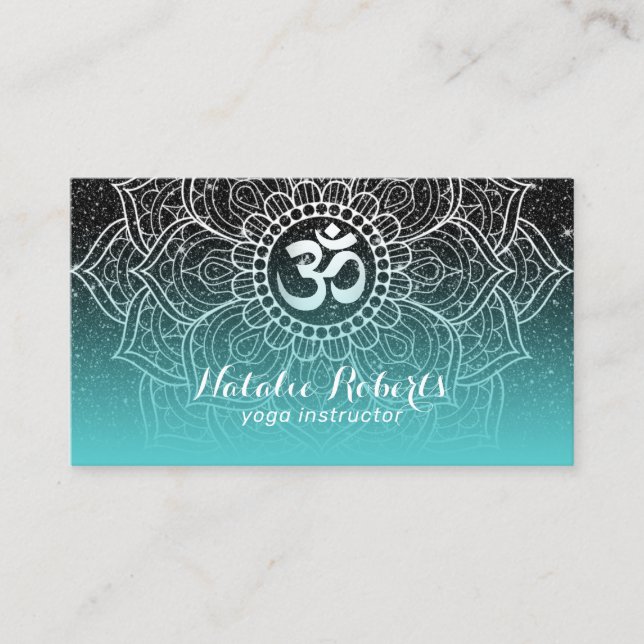 Yoga-instruktör Modern Teal Black Glitter Mandala Visitkort (Framsida)