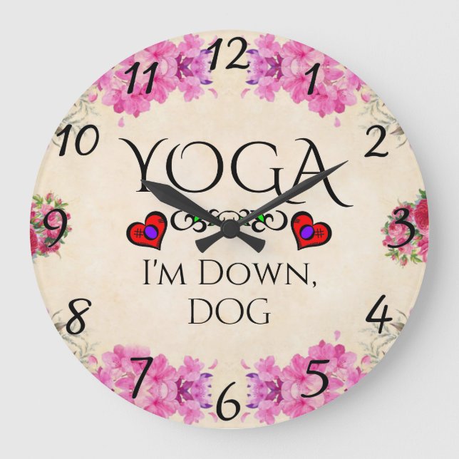 Yoga jag är nere, Hund Wall Clock Stor Klocka (Framsida)