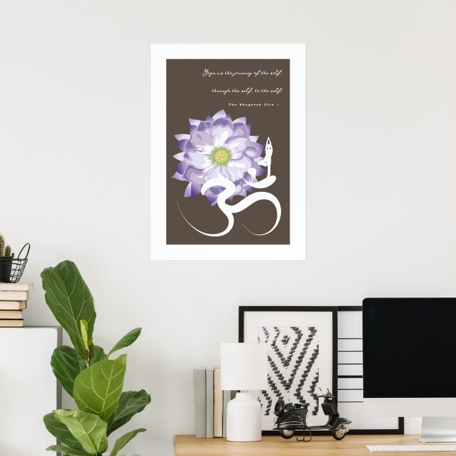 Yoga & Lila Lotus Flower White Om Symbol Poster (Hemmakontoret)