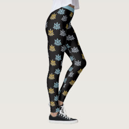 Yoga Lotus Flower Blue Grått Guld Leggings