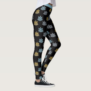 Yoga Lotus Flower Blue Grått Guld Leggings