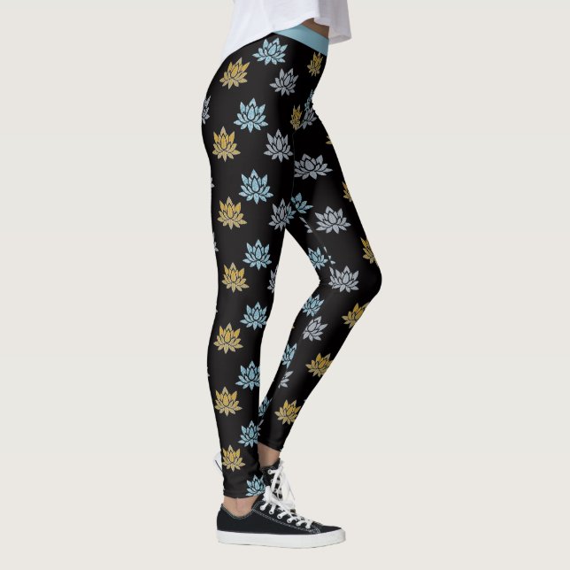 Yoga Lotus Flower Blue Grått Guld Leggings (Höger)