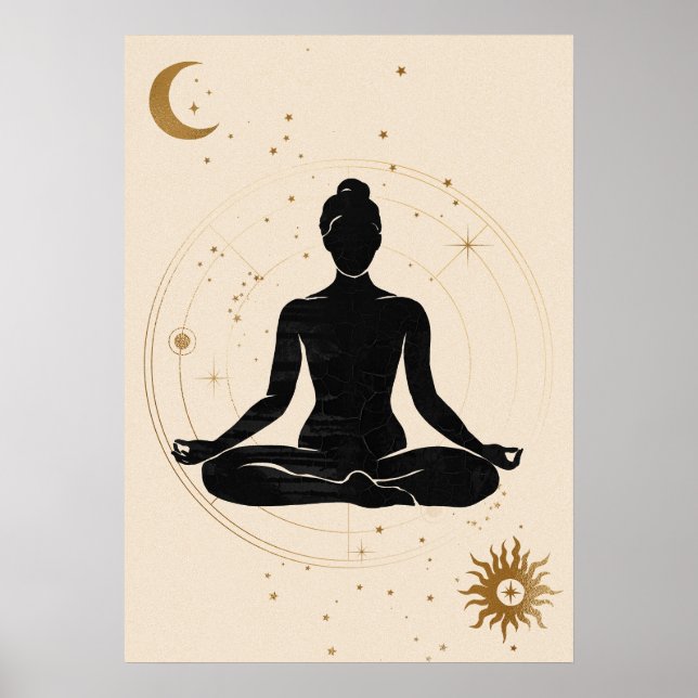 Yoga lotus position silhouette-solsystemet guld poster (Framsidan)