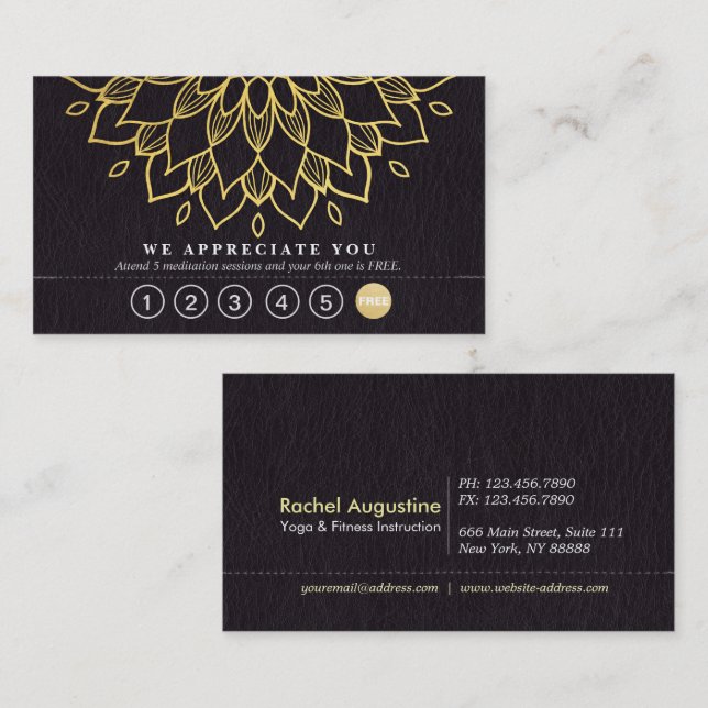Yoga Loyalty 6 Slår Guld Mandala & Black Leather Lojalitetskort (Fram/baksida)
