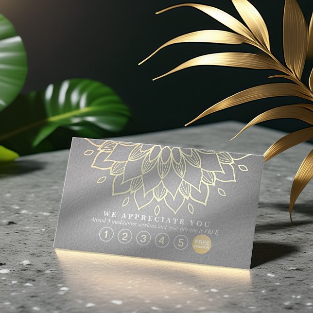 Yoga Loyalty 6 Slår Guld Mandala Grått Leather Lojalitetskort (Skapare uppladdad)