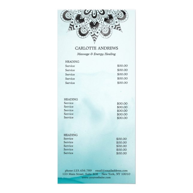 Yoga Mandala Sun Salon Price List Rack Card Reklamkort (Framsidan)