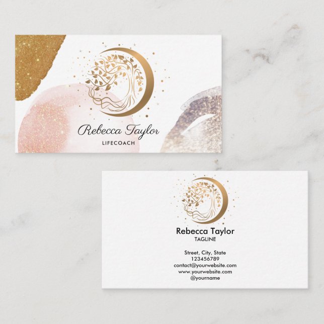 yoga måne trendig livbuss livets träd guld buss visitkort (Fram/baksida)