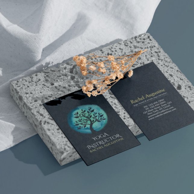 Yoga Meditation Elegant Black Teal Träd Visitkort (Skapare uppladdad)