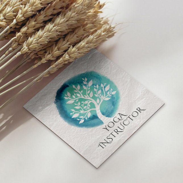 Yoga Meditation Elegant White Teal Träd Fyrkantigt Visitkort (Skapare uppladdad)
