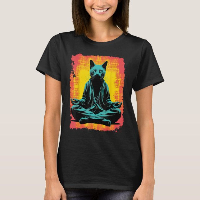 Yoga Meditation Funny Black Cat T Shirt (Framsida)