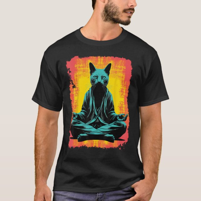 Yoga Meditation Funny Black Cat T Shirt (Framsida)