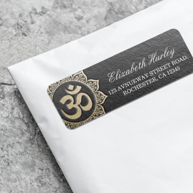YOGA Meditation Instructor Black & Guld OM Mandala Returadress Etikett (Skapare uppladdad)
