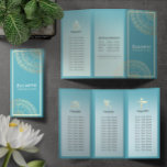 Yoga Meditation Instructor Guld Mandala Tri-Fold<br><div class="desc">Yoga Fitness Studio / Meditation Instructor / Personal Trainer / Life Coach / Healer / Reiki Master / Massage Therapy Tri-Fold Brochures Template - Modern Chic Faux Gold Foil Blommigt Mandala Symbols på Crystal Blue / Teal Grönt Blue Färg Background.</div>
